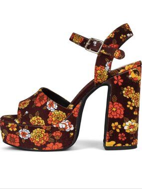 Jeffrey Campbell Summers Platform Sandals Heels 7.5 Brown 70S Velvet Floral NEW